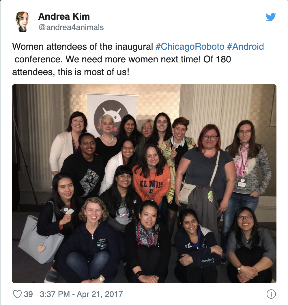 Women attendees of the inaugural #ChicagoRoboto #Android conference. We need more women next time! Of 180 attendees, this is most of us!